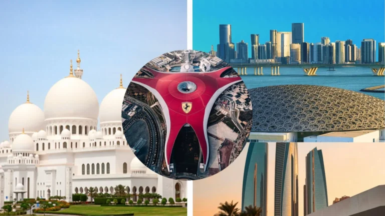 Top attractions in Abu Dhabi including Sheikh Zayed Grand Mosque, Ferrari World, Louvre Abu Dhabi, and modern city skyline – must-visit places for travelers.