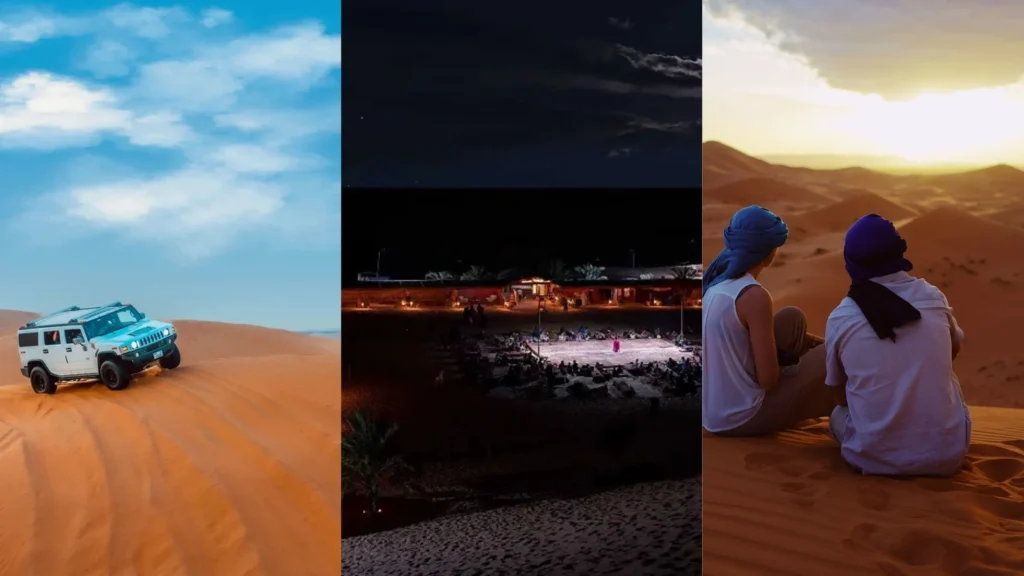 Collage showing morning dune bashing, evening camp entertainment, and overnight stargazing in Abu Dhabi desert safari.