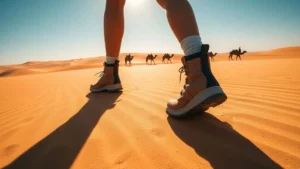 Traveler wearing durable hiking boots walking on golden sand dunes during a desert safari in Abu Dhabi with camels in the background.