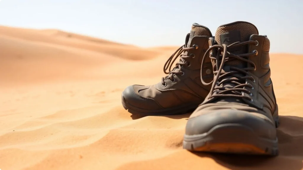 Pair of sturdy hiking boots resting on warm desert sand dunes during an Abu Dhabi desert safari, ideal footwear for protection and comfort.