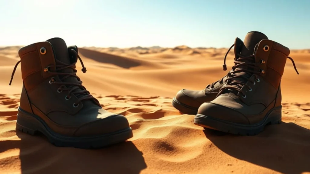 Pair of durable hiking boots placed on desert sand dunes under sunlight, showing the best footwear choice for an Abu Dhabi desert safari.
