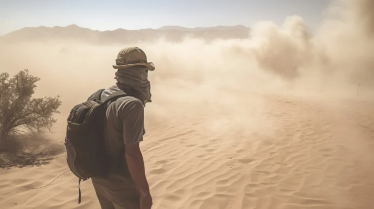 Traveler in the desert during a dust storm, wearing a hat and scarf, with a backpack, as swirling sands create a dramatic atmosphere.
