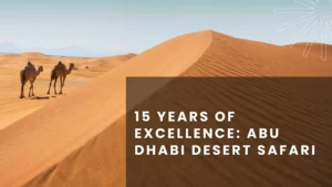 Golden sand dunes with camels in Abu Dhabi desert showcasing 15 years of desert safari excellence