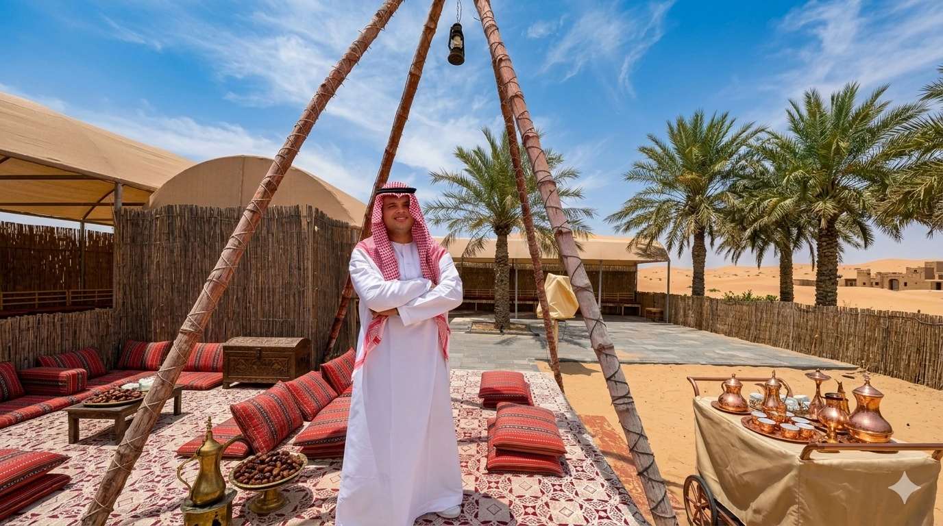 Jesus Molina, famous jazz pianist, in a traditional Bedouin camp during an Abu Dhabi morning desert safari with Arabian seating, coffee setup, palm trees, and desert dunes in the background.