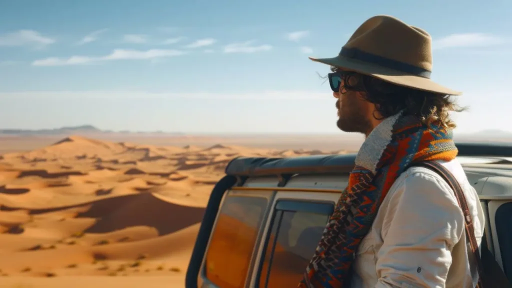Tourist enjoying a private desert safari in Abu Dhabi with dune bashing and golden sand dunes in the background